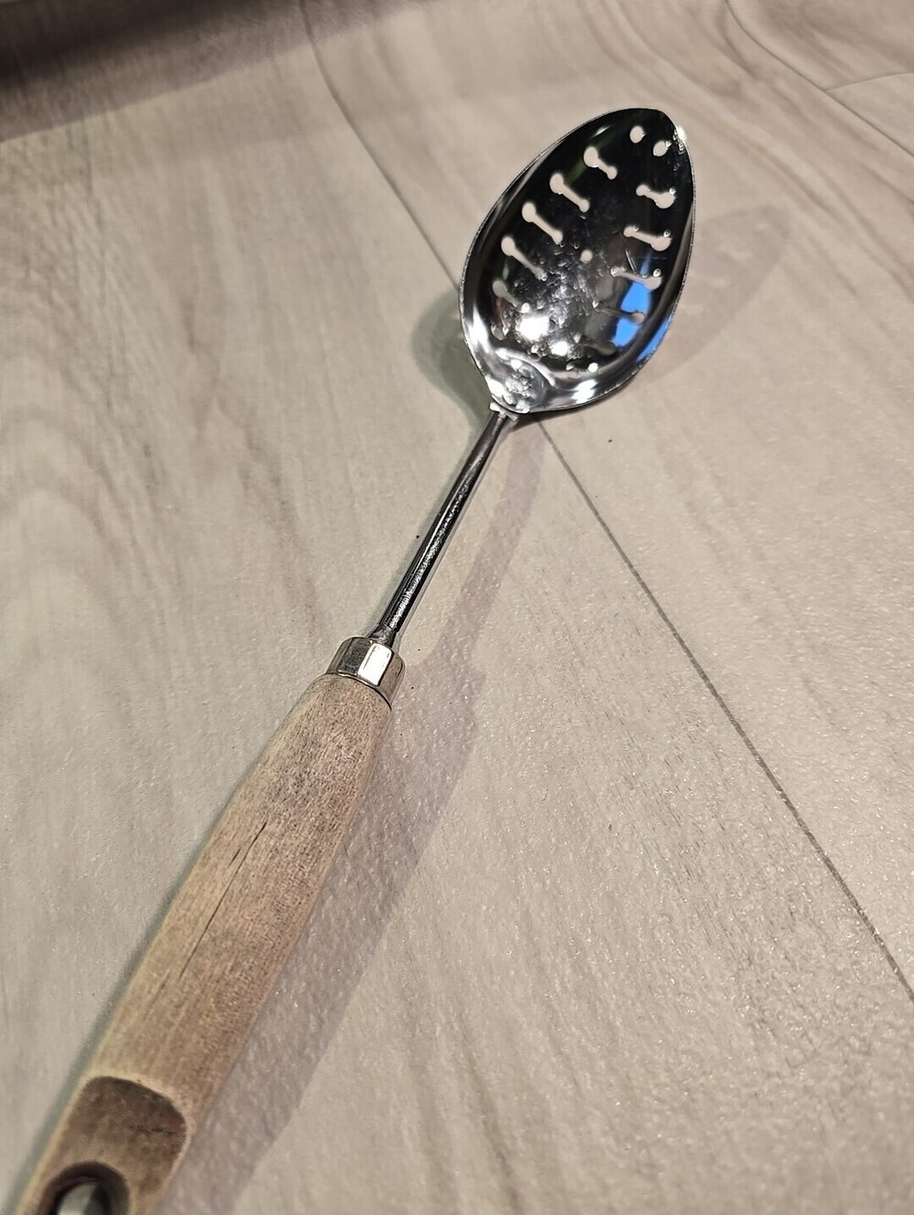 Vintage EKCO CHROMIUM PLATED Slotted Cooking Spoon w/Wood Handle, USA, 12" Lgth